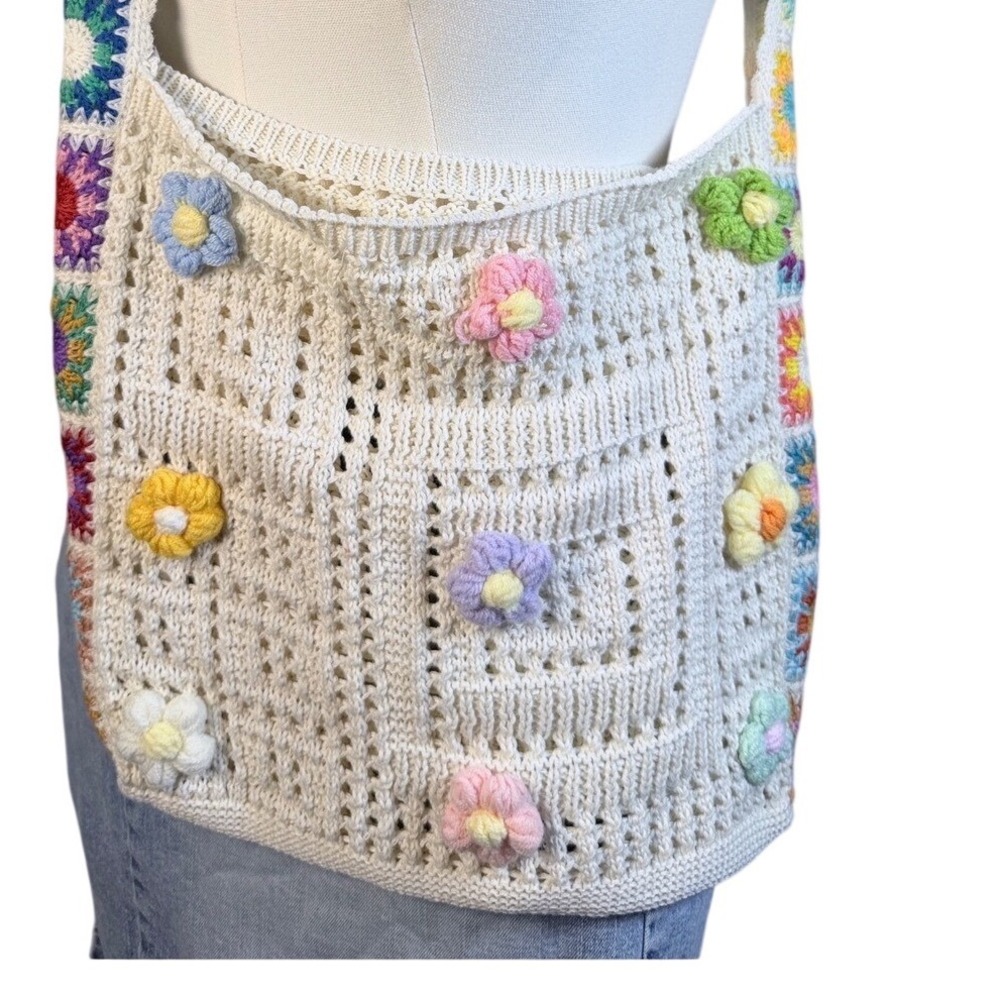 Cream Crochet Boho Hobo Bag with Colorful Granny Square Strap and 3D Flowers
